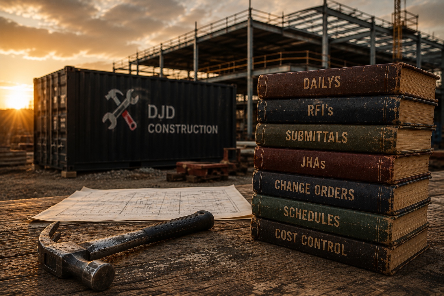 Construction management documents, field tools, and project controls at an active commercial construction site
