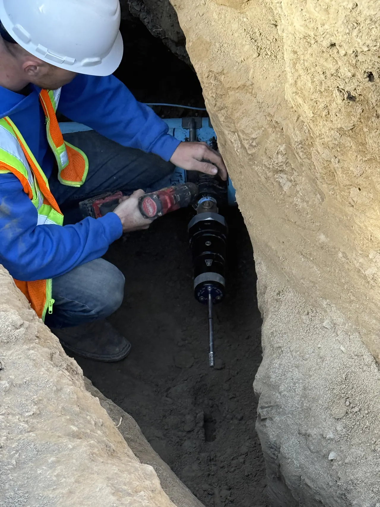 Underground utility work in an open trench at Walla Walla Veterans Home